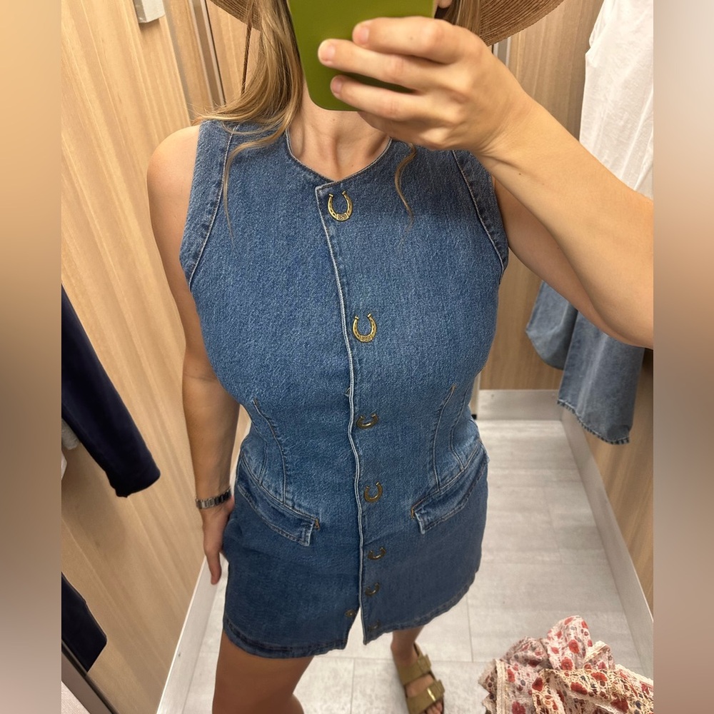 Avec Les Filles Horseshoe Western Denim Mini Dress Size 6 - Picture 2 of 6